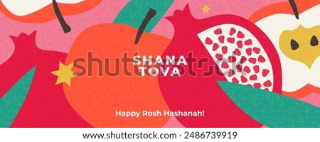 Rosh Hashana, Rosh Hashanah, Jewish New Year greeting card, cover, holiday web banner, poster. Hand drawn illustration design template with apple and pomegranate pattern in trendy modern art style