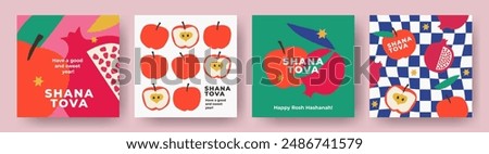 Rosh Hashana, Rosh Hashanah, Jewish New Year greeting card, cover, web or social media banner set. Hand drawn illustration, vector design with apple and pomegranate pattern in trendy modern art style