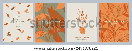 Set of trendy modern art style abstract autumn posters or covers with bright beautiful leaves and plants. Fall background, Sale banner, or flyer design. Template for advertising, web, social media