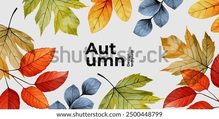 Autumn seasonal background with frame made of falling autumn yellow, red, orange and green colored leaves with overlay effect on white background with place for text. Trendy Fall vector illustration.