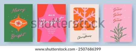 Merry Christmas greeting card Set. Modern art Xmas design with typography and beautiful snowflakes, Christmas tree, toys and stars. Trendy hand drawn illustration for season banner, poster, cover