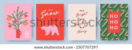 Merry Christmas greeting card Set. Modern Xmas design with typography, snow, beautiful Christmas tree, candy cane pattern, polar bear. Trendy hand drawn illustration for season banner, poster, cover