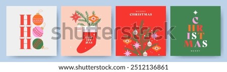 Merry Christmas greeting card Set. Modern art Xmas design with typography and beautiful snowflakes, Christmas tree, toys and stars. Trendy hand drawn illustration for season banner, poster, cover