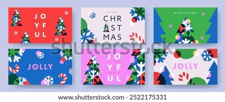 Merry Christmas holiday covers or horizontal posters, greeting cards in modern geometric overlay style for web, branding, social media advertising, promo, print. Modern Xmas layout design templates