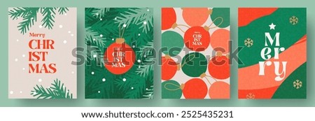 Merry Christmas and Happy New Year greeting card Set. Modern beautiful Xmas design with typography, Christmas tree branches, balls, snowflake pattern. Minimal art banner, poster, cover templates