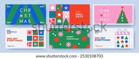 Merry Christmas holiday covers or horizontal posters, greeting cards in modern geometric style for web, branding, social media advertising, promo, print, sales. Trendy Xmas layout design templates