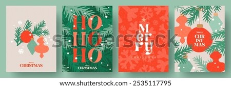 Merry Christmas and Happy New Year greeting card Set. Modern beautiful Xmas design with typography, Christmas tree branches, balls, snowflake pattern. Minimal art banner, poster, cover templates