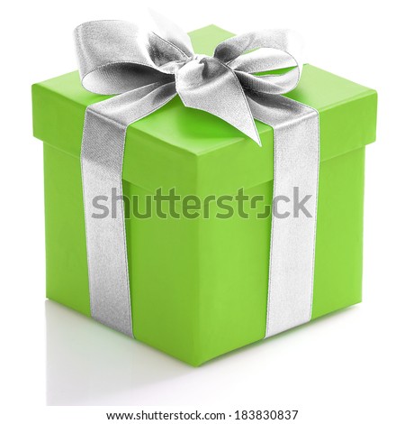 Green gift box with silver ribbon on white background.