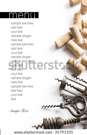 Corkscrews and corks. Project of a wine menu.