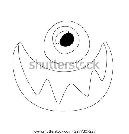 Psyhodelical Print with One-eye Monster with Scary Smile. Surreal Design. Single Design Element. Pop Art Cartoon Style with Stains. Coloring Book Page. Vector Contour Illustration