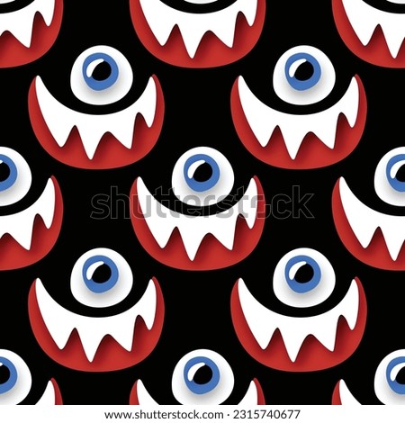 Seamless Pattern with Psyhodelical Print with One-eye Monster with Scary Smile. Surreal Design on Black. Pop Art Cartoon Style with Stains. Endless Texture. Vector 3d Illustration