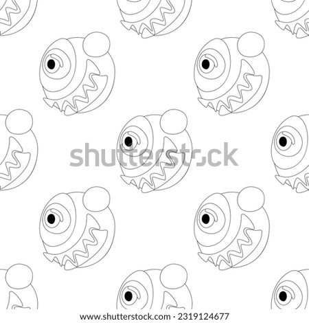 Seamless Pattern with Psyhodelical Print with One-eye Monster with Scary Smile. Surreal Design, Endless Texture. Pop Art Cartoon Style with Stains. Coloring Book Page. Vector Contour Illustration