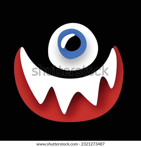 Psyhodelical Print with One-eye Monster with Scary Smile. Surreal Design on Black. Pop Art Cartoon Style with Stains. Single Design Element. Vector 3d Illustration