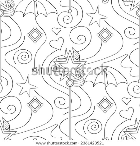 Endless Aesthetic Texture with Cute Magical Star Wands. Trendy Kids Print. Fantasy Seamless Pattern. Vector Contour Illustration. Coloring Book Page