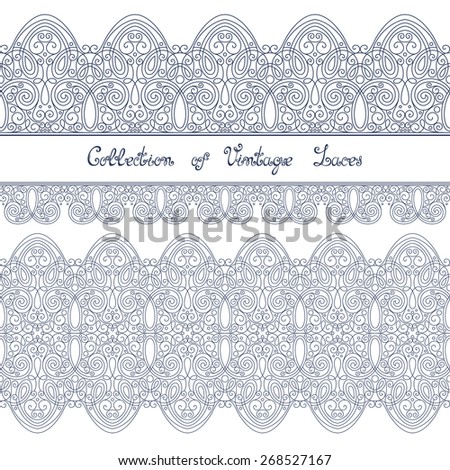 Set of Vintage Template with Ornate Laces. Hand Drawn Borders in Trendy Linear Style. Wedding Decor