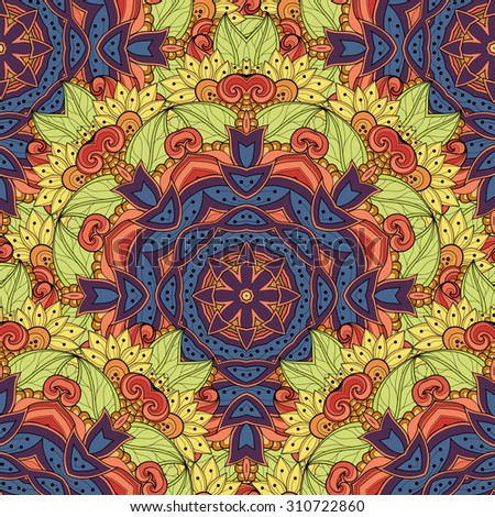 Seamless Colored Ornate Pattern. Hand Drawn Mandala Texture, Vintage Indian Style