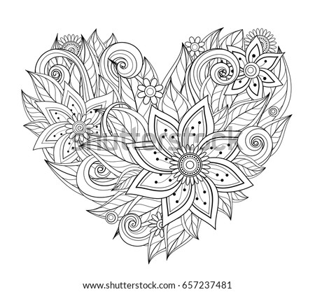 Vector Monochrome Floral Composition In Heart Shape Hand Drawn Ornament With Flowers Beautiful Doodle Fantasy Coloring Pages