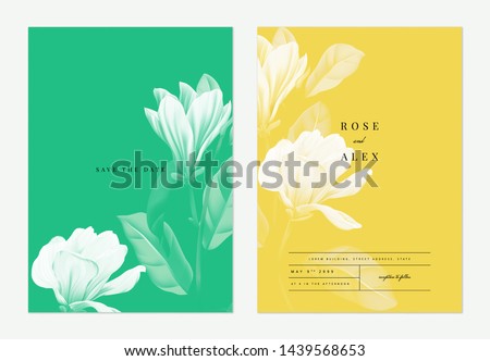 Floral wedding invitation card template design, Anise magnolia flowers with leaves on green and yellow, two tones color