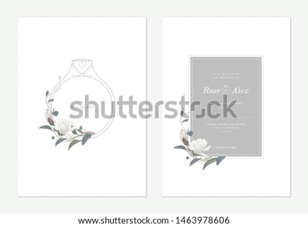 Flowers and foliage wedding invitation card template design, wedding ring decorated with white Anise magnolia flowers and leaves on white