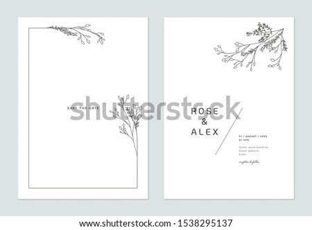 Minimalist wedding invitation card template design, floral black line art ink drawing bouquet decorated on line frame on white