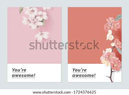 Minimalist botanical greeting card template design, Somei Yoshino sakura and Japanese quince flowers