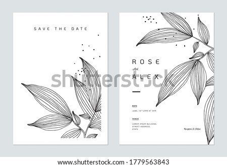 Minimalist wedding invitation card template design, leaves line art ink drawing on white