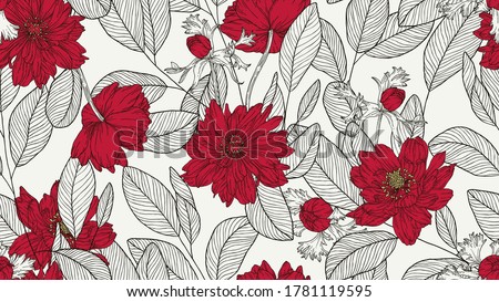 Floral seamless pattern, eucalyptus leaves and anemone flowers line art ink drawing in red and dark grey