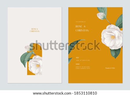 Floral wedding invitation card template design, white Semi-double Camellia flowers with leaves