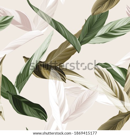Foliage seamless pattern, heliconia Ctenanthe oppenheimiana plant in green and brown tones on bright brown