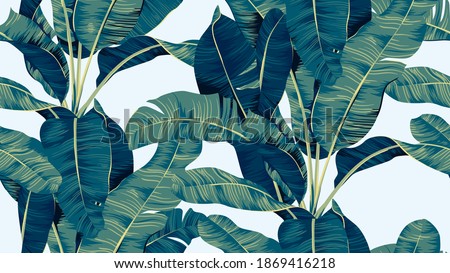 Botanical seamless pattern, hand drawn banana tree on bright blue