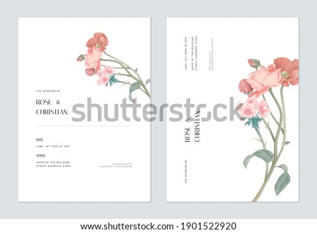 Minimalist floral wedding invitation card template design, various flowers bouquet on white