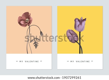 Minimalist botanical valentine greeting card template design, poppy and tulip flowers