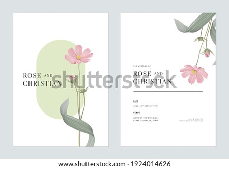 Floral wedding invitation card template design, pink cosmos flowers with leaves