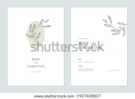 Minimal floral wedding invitation card template design, vintage leaves line art ink drawing on white