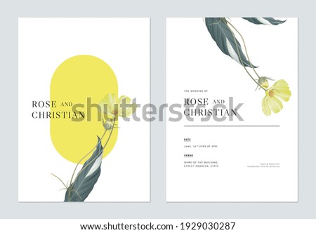 Floral wedding invitation card template design, yellow cosmos flowers with leaves