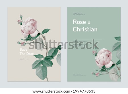 Floral wedding invitation card template design, vintage pink rose with leaves on brown and green