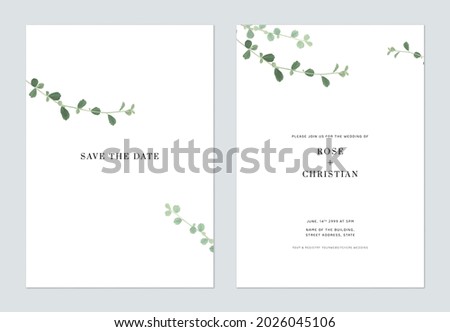 Minimalist foliage wedding invitation card template design, green Siamese rough bush leaves on white