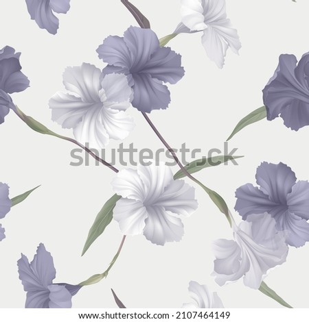 Floral seamless pattern, ruellia tuberosa flowers and leaves on grey Stockfoto © 