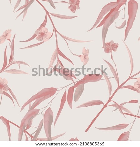Floral seamless pattern, red ruellia tuberosa flowers and eucalyptus on brown Stockfoto © 