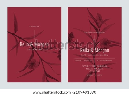 Floral wedding invitation card template, monochrome ruellia tuberosa flowers and leaves on red Stockfoto © 