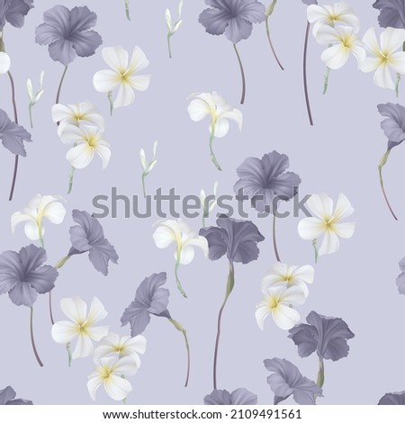 Floral seamless pattern, ruellia tuberosa and plumeria on purple Stockfoto © 
