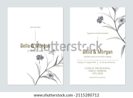 Minimalist floral wedding invitation card template, ruellia tuberose flowers and leaves on white Stockfoto © 