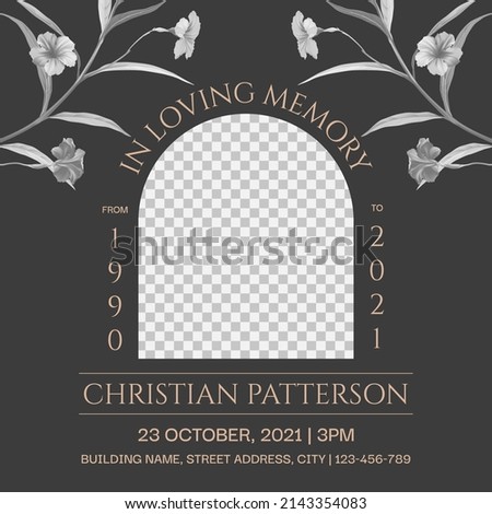 Floral memorial and funeral invitation card template design, dark grey decorated with Ruellia tuberosa flowers Stockfoto © 