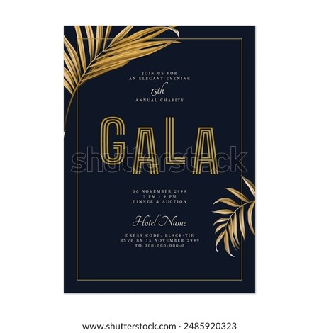 Charity gala dinner invitation template, elegant gold typography and palm leaves on dark blue