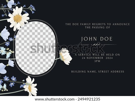 Floral funeral invitation template, minimalist wildflowers and photo frame on dark grey background