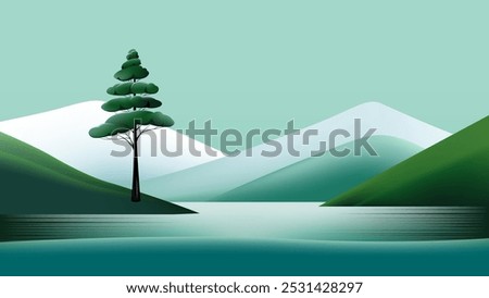 Minimalist landscape features a serene scene with a lone tree standing on a hill overlooking a calm lake. Snow-capped mountains rise in the distance against a sky in green and blue tones