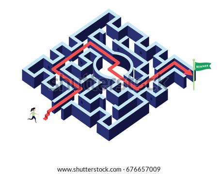 Woman running follow arrow direction  in maze / labyrinth