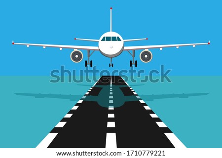 passenger plane fly up over take-off runway from airport at sunset. Vector flat design illustration.