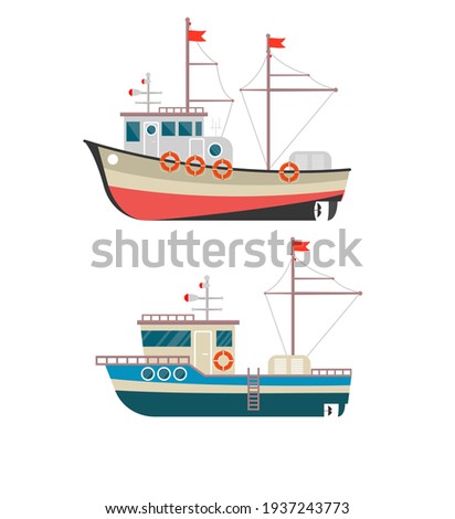 Commercial fishing boat side view isolated icon. Sea or ocean transportation, marine ship for industrial seafood production vector illustration in flat style.