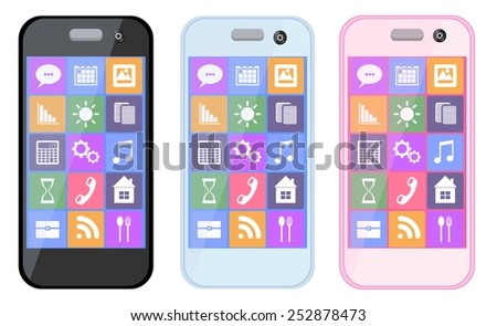 New realistic mobile phone smartphone collection with icons screen isolated on white background. Vector illustration. for printing and web element, Game and application mockup.